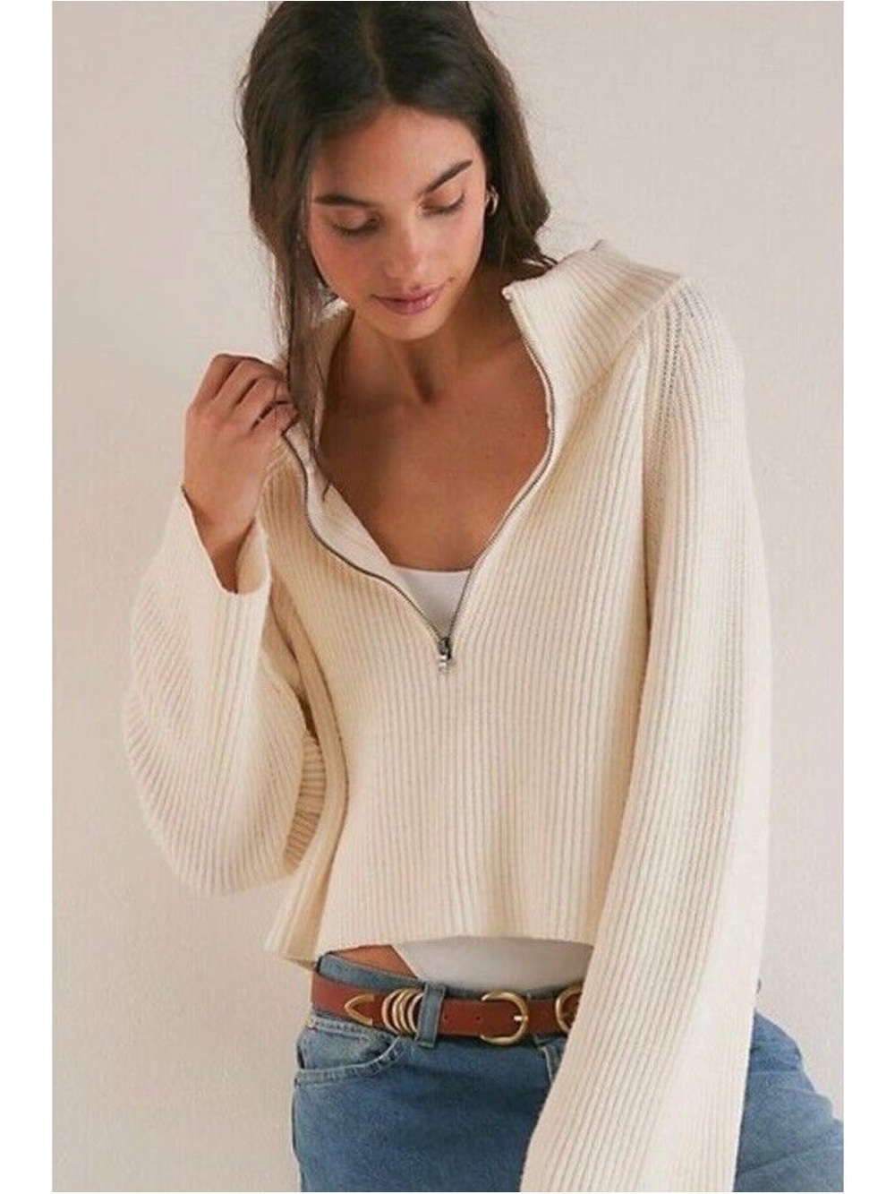 Free People Cream Ribbed Half-Zip Turtleneck Sweater